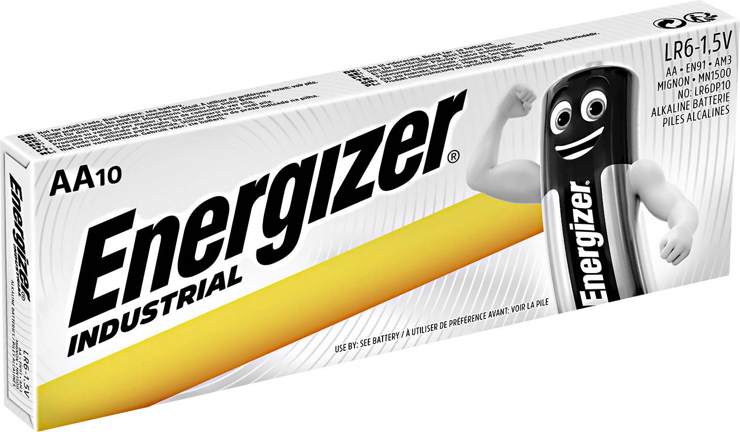 A pack of 'Energizer Industrial' AA batteries shows an illustration of a battery mascot on the packaging.