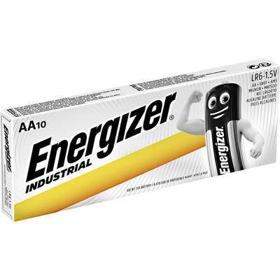 A pack of 'Energizer Industrial' AA batteries shows an illustration of a battery mascot on the packaging.
