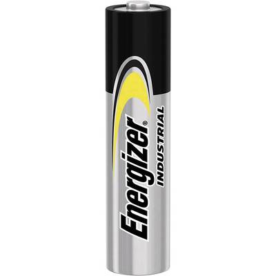 Silver 'Energizer Industrial' battery with a yellow arc and black cap, suitable for industrial applications.