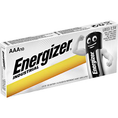 Packaging for Energizer Industrial AAA batteries. Displays a battery with a face and the prints 'AAA' and '1.5V'.