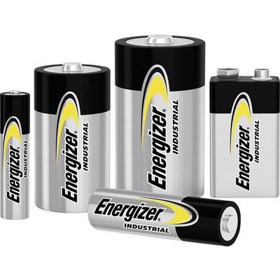 Five batteries of different sizes from the brand 'Energizer Industrial' with a yellow and black logo on a silver background.