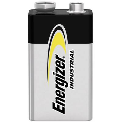 Large Energizer Industrial battery, silver with a black cap.