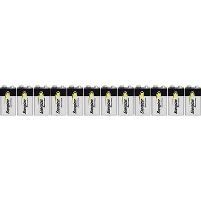 'A row of eleven identical 9-volt Energizer batteries, standing upright side by side.'
