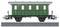 A vintage green passenger railway carriage with a silver roof, labeled '2' on the sides, stands on railroad tracks with four small windows.