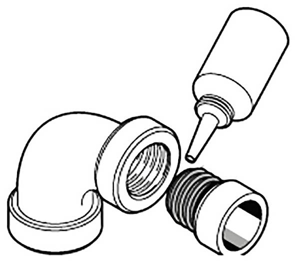 'Illustration of pipe fitting assembly with two elbow joints and a threaded cap, including a tube of sealant for securing connections.'