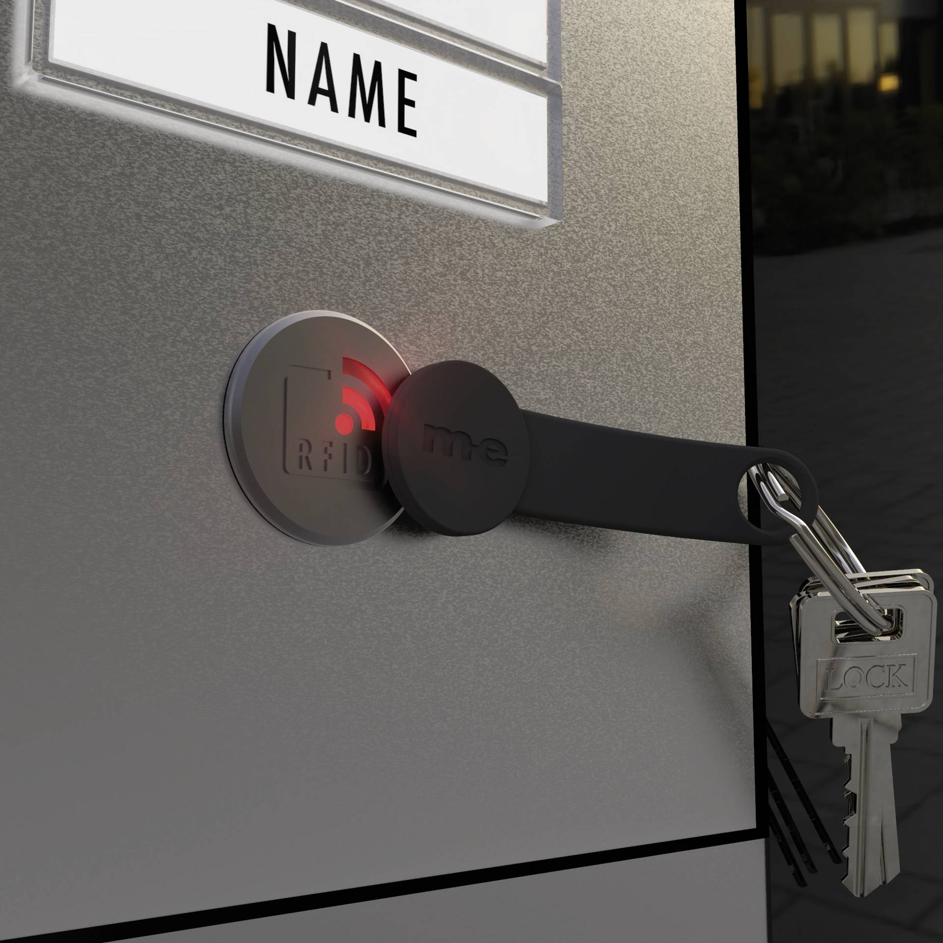 A key is inserted in a lock, with an RFID reader illuminated beside it. At the top, 'NAME' is written.