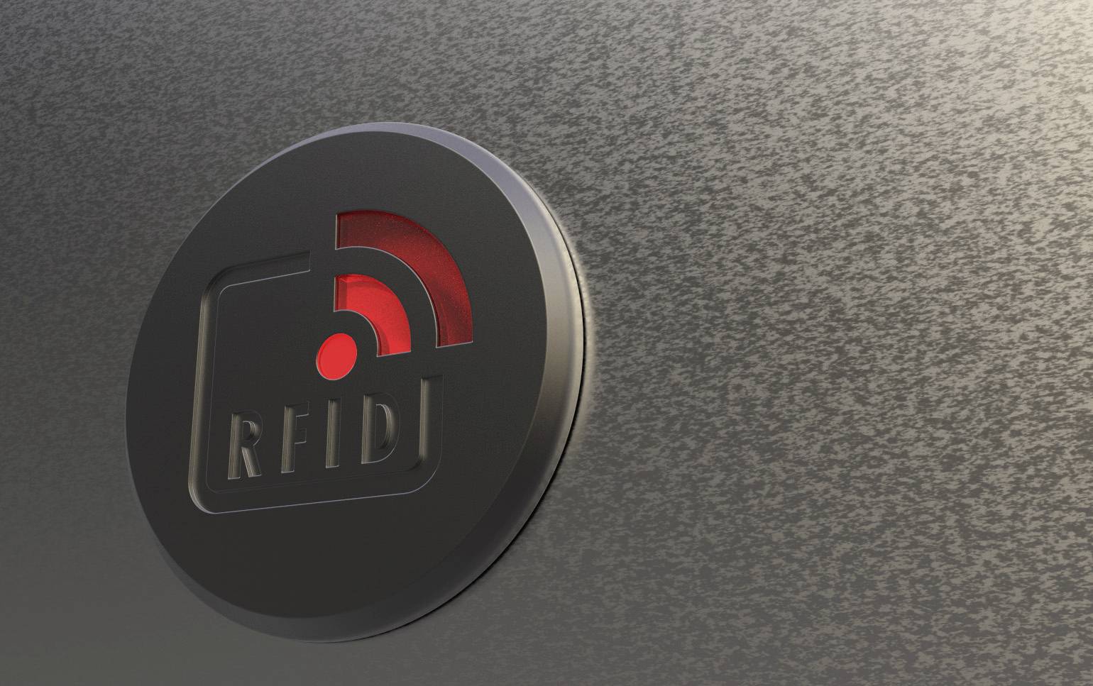 'RFID' symbol on a metal surface, showing a red radio signal.