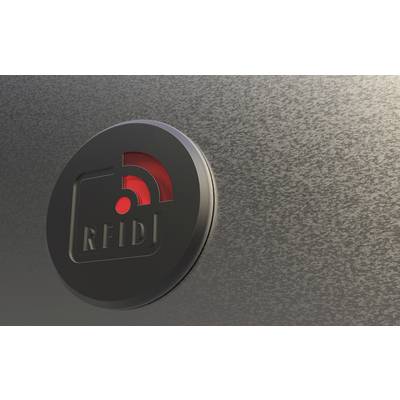 'RFID' symbol on a metal surface, showing a red radio signal.