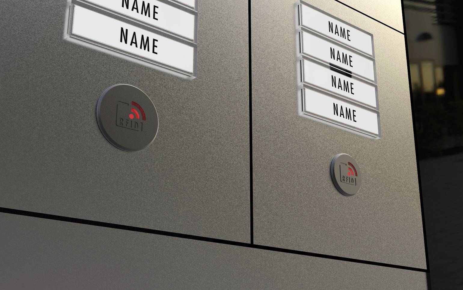 Nameless doorbell plates on a house façade at dusk, with illuminated doorbell buttons.