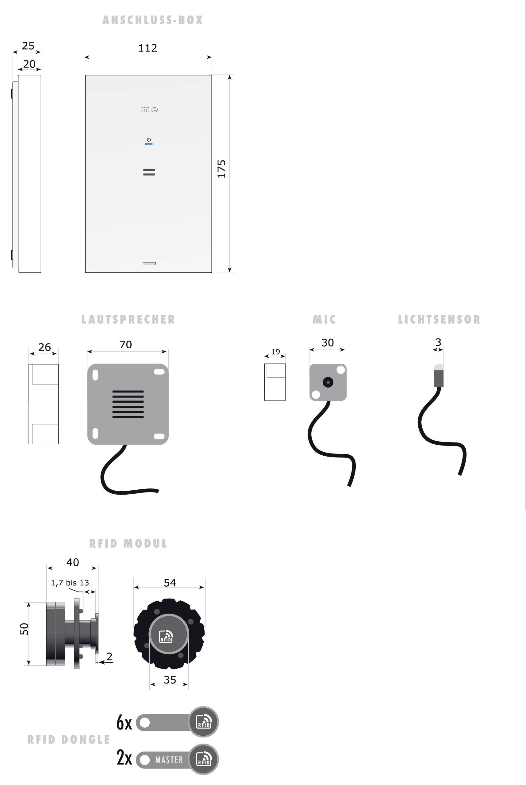 'Connection Box' diagram with dimensions; shows connection box, speaker, microphone, light sensor and RFID module, dongle.
