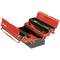 Open, red toolbox with multiple shelves and compartments. Contains various tools such as screwdrivers and pliers.
