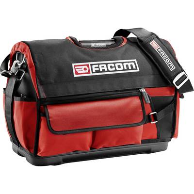 Red and black tool bag with shoulder strap and multiple compartments, 'FACOM' logo on the front.