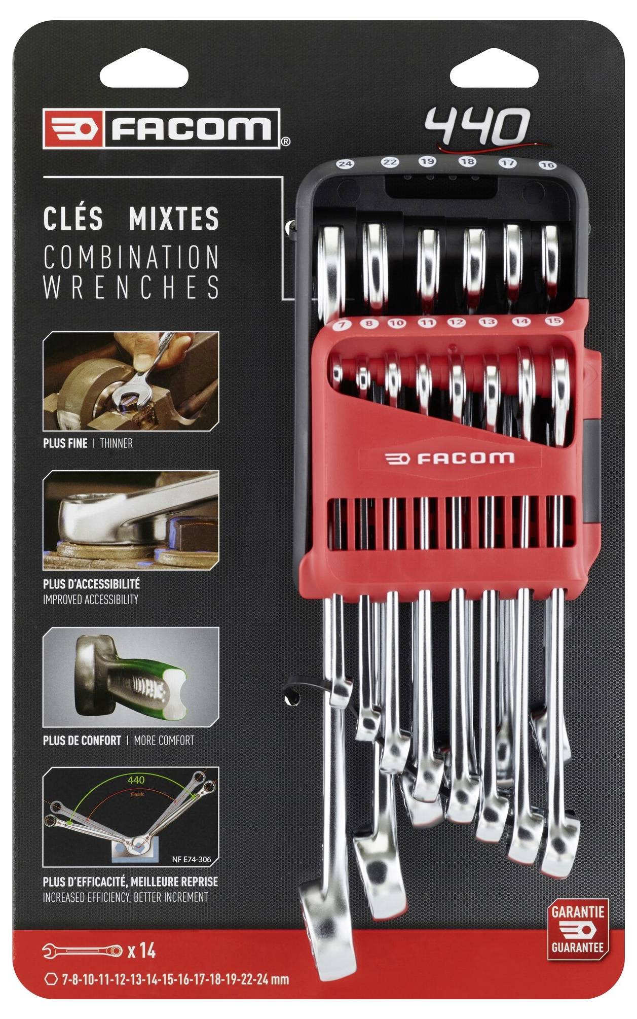 'Set of 14 combination spanners by Facom, model 440, in a red holder. Includes sizes from 7 to 24 mm.'