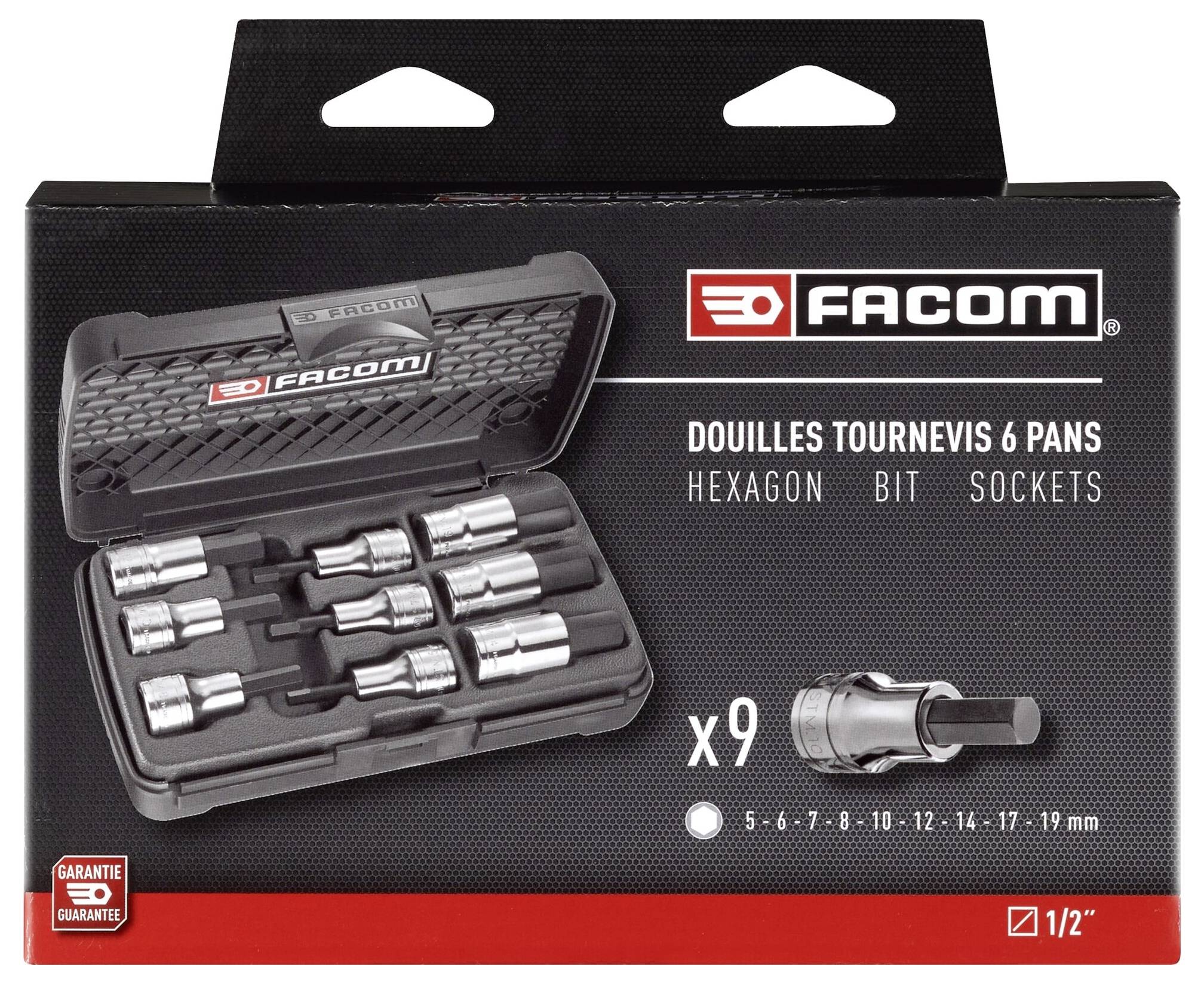 Nine-piece set of hexagonal bit sockets in a black Facom box, sizes ranging from 5 to 19 mm, for screwdrivers.