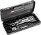 Tool case with various socket sizes, ratchet and accessories, opened to display contents.