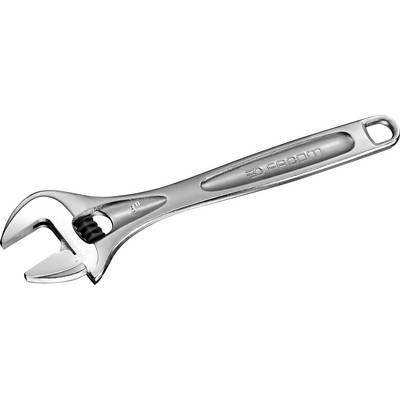 An adjustable spanner with a silver finish and a scale for size adjustment on the jaw.