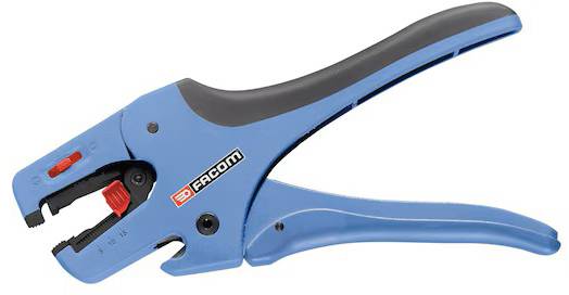A blue wire stripping tool with adjustable settings, featuring a gray handle and a red adjustment lever, branded 'Facom'.