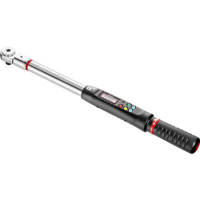 Digital torque wrench with digital display and coloured buttons for precise torque measurement and settings.
