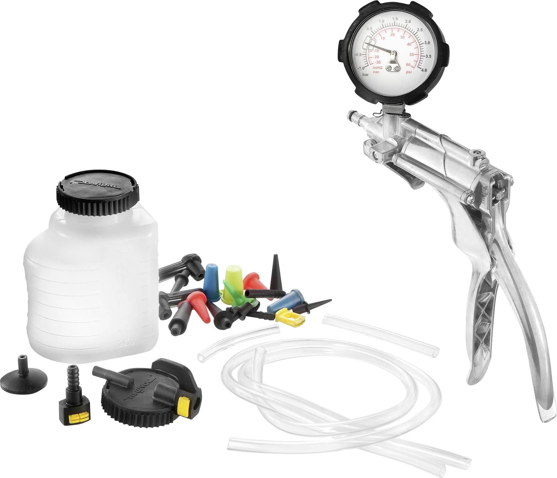 Manometer Kit with Hand Pump, Hoses and Accessories for Pressure Measurement and Bleeding of Vehicle Brake Systems.
