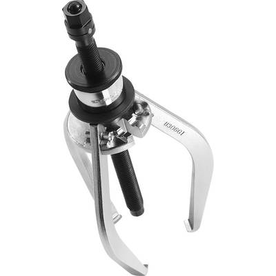 A silver three-jaw puller with a central threaded spindle mechanism, suitable for removing seized parts.