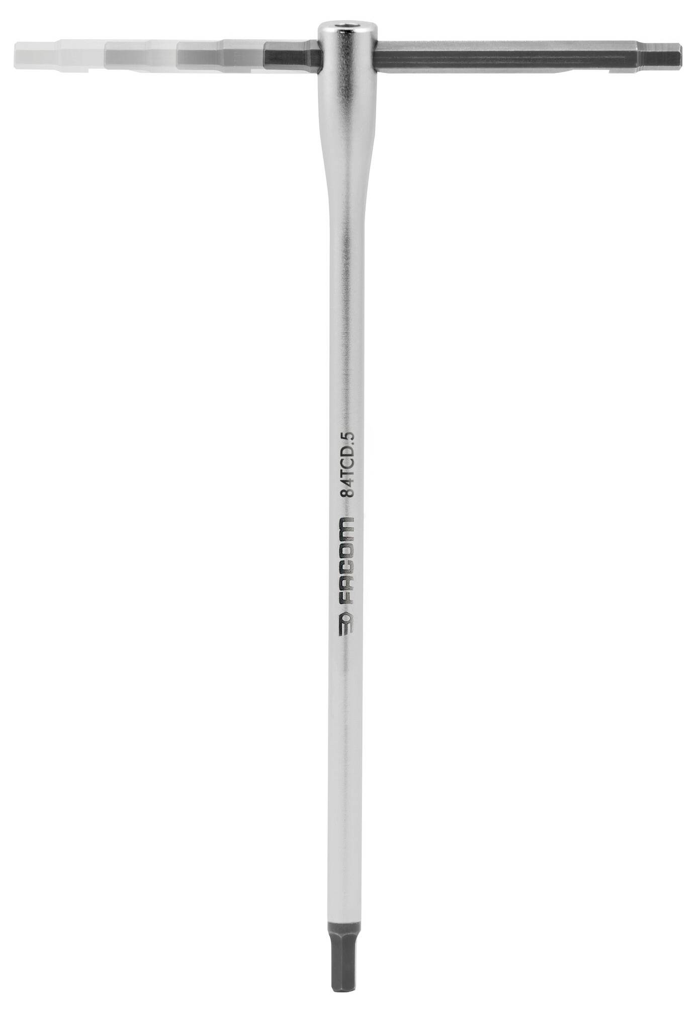 T-shaped spanner with a long handle and hexagonal end, suitable for reaching hard-to-access areas.