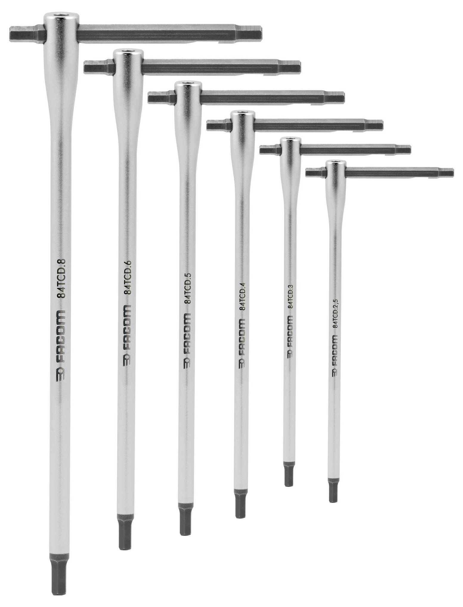 A set of six allen keys with T-handles, arranged from small to large.