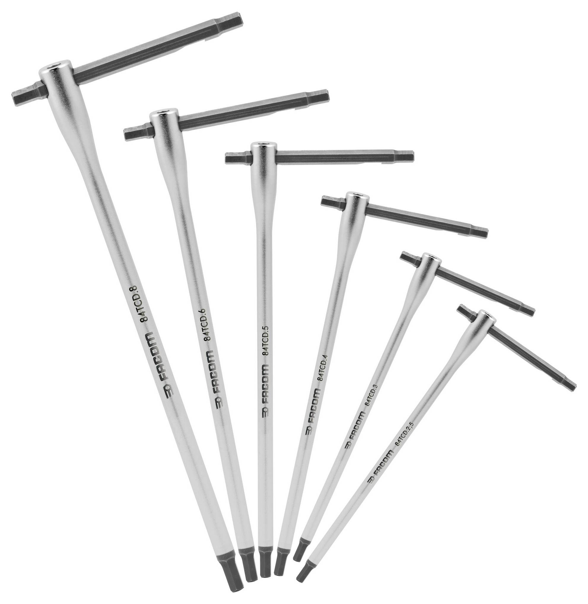 Six silver T-handled hex keys in varying sizes, arranged side by side. Suitable for tools and repairs.