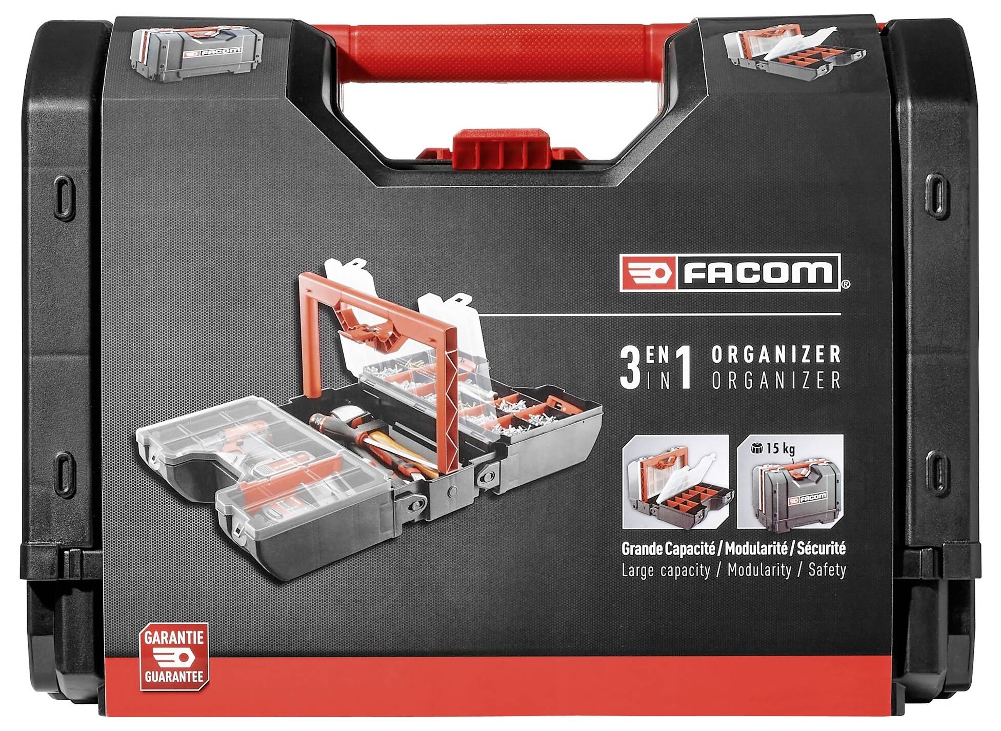 Black and red tool case with 'FACOM' and '3 in 1 Organiser' printed on it. The case shows compartments for tools and accessories. Maximum load capacity of 15 kg.