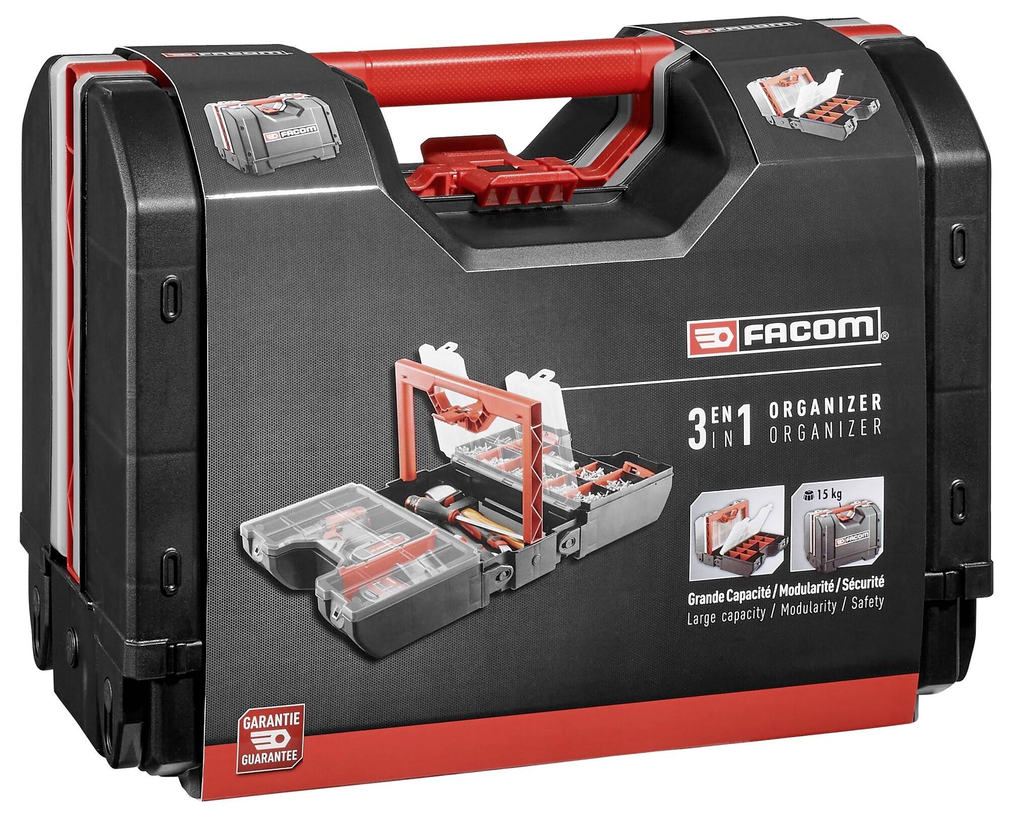 Black tool case with red handle, printed with '3 IN 1 ORGANISER', shows modular compartments for screws and tools; can hold up to 15 kg.