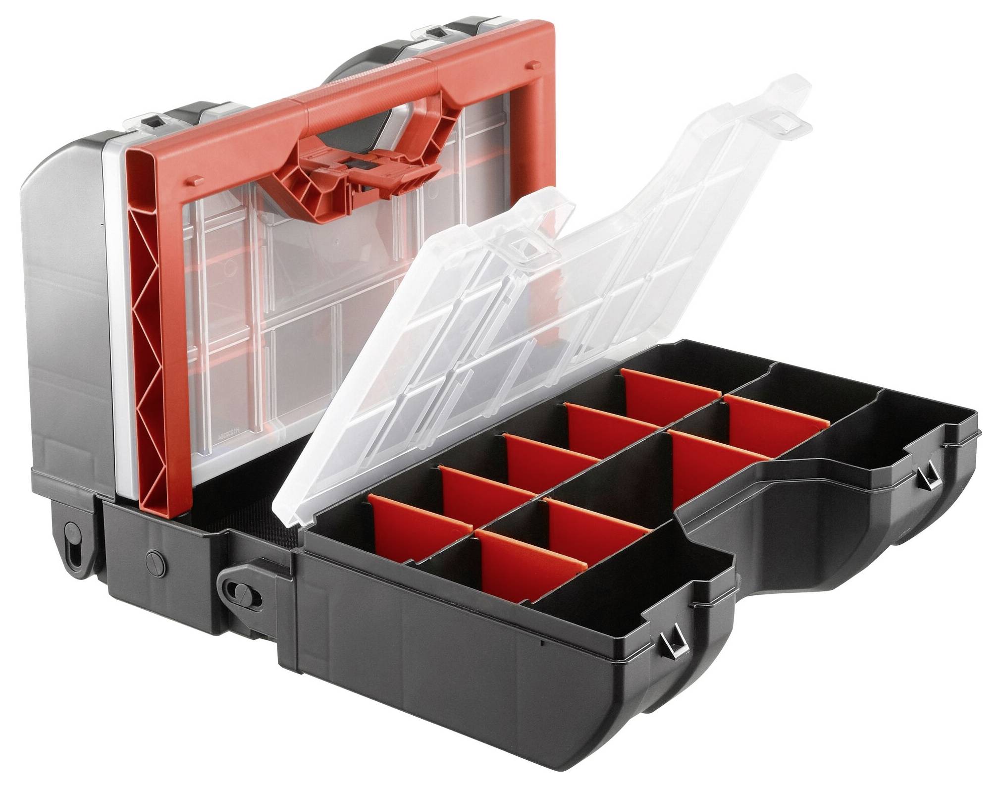 Opened toolbox with ten compartments in black and red, ideal for organising small parts.