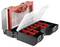 Opened toolbox with ten compartments in black and red, ideal for organising small parts.