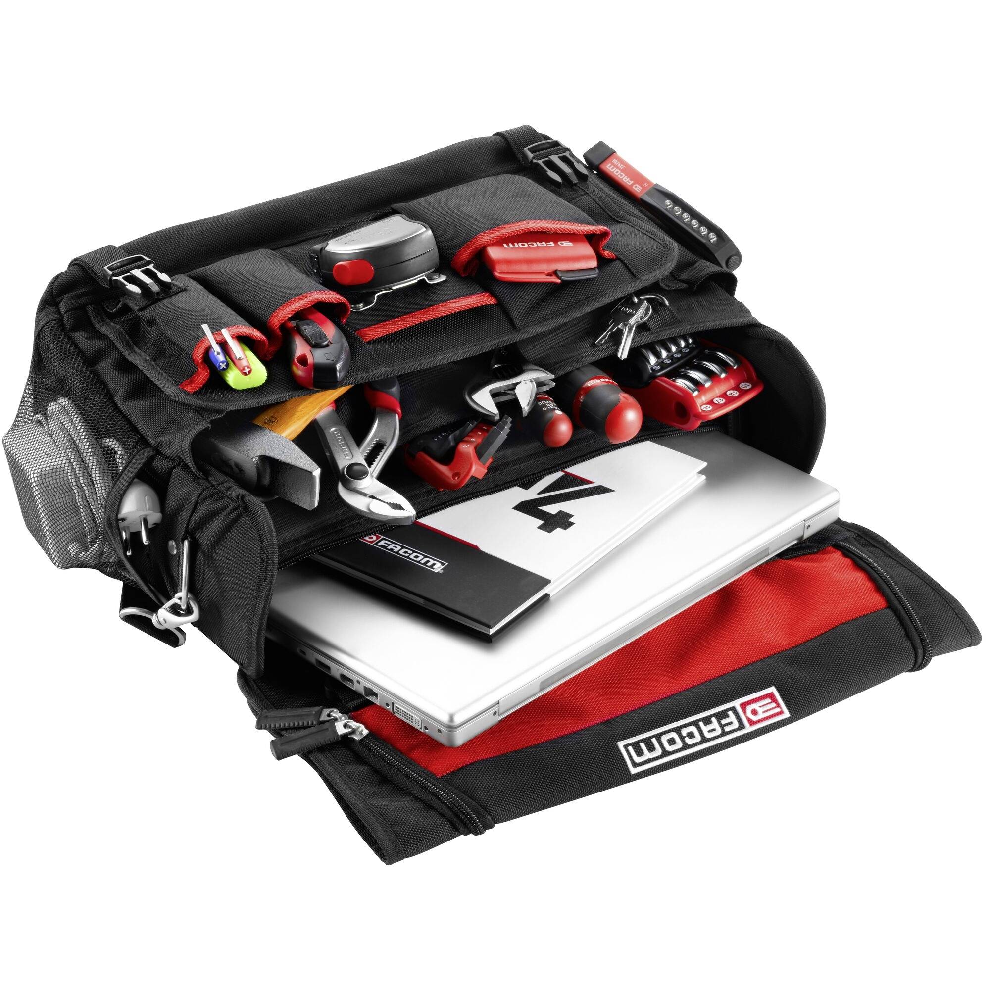 Open black tool bag with red and black tools and a laptop, used for maintenance or repair.