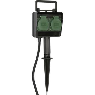 Portable outdoor power outlet with two green covered sockets mounted on a stake and attached cable.