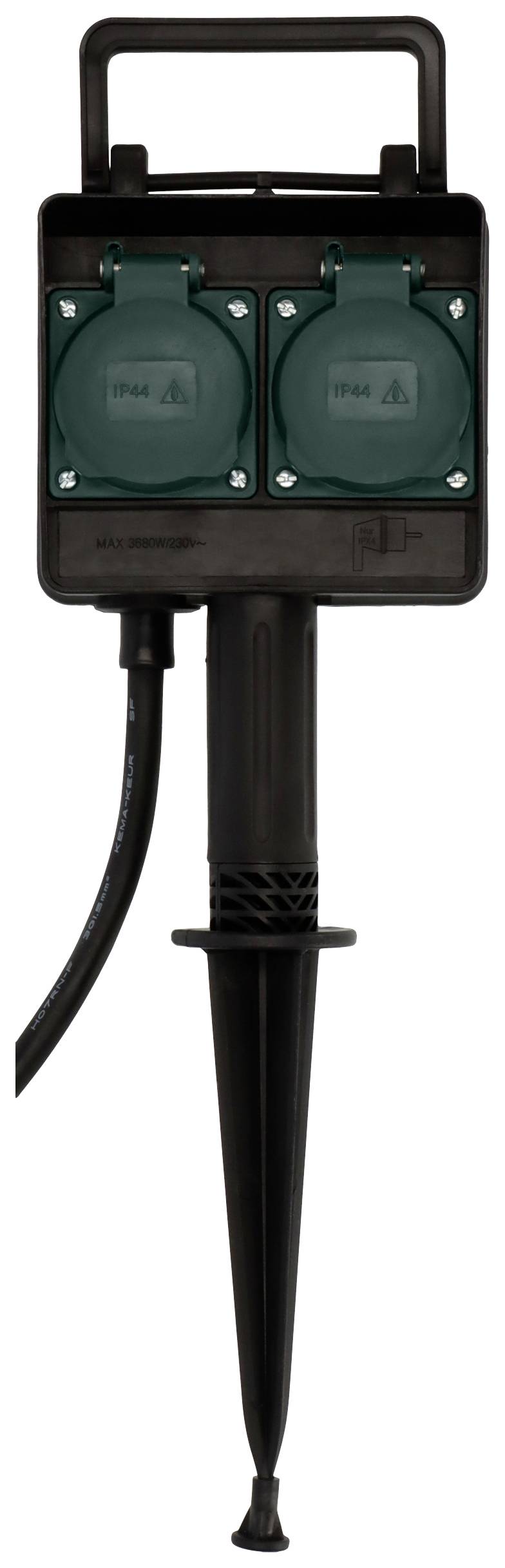 A garden socket in the outdoor area with two plug points, mounted on a pointed bracket for easy installation in the ground.