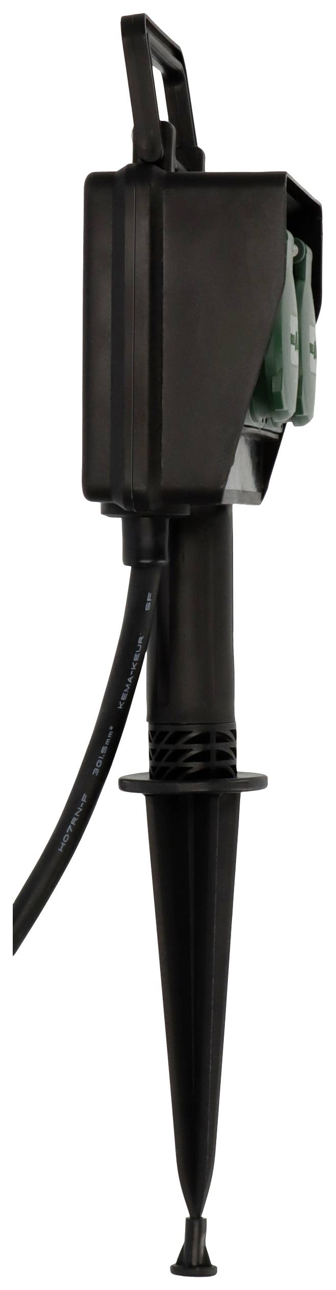 Black plastic socket column with ground spike and two sockets. Suitable for use in the garden for electrical devices.