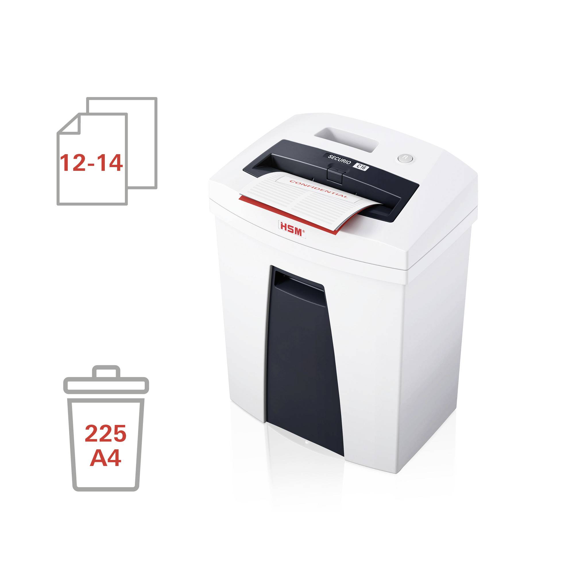 Paper Shredder HSM cuts 12-14 pages per pass and can hold 225 A4 sheets in the container. Ideal for offices.