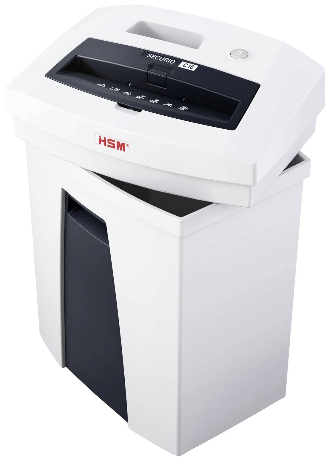 A white paper shredder with a black feed slot, brand logo 'HSM', suitable for destroying paper and documents.