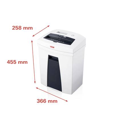 Compact document shredder with dimensions of 258 mm x 366 mm x 455 mm. Ideal for securely disposing of documents in the office.