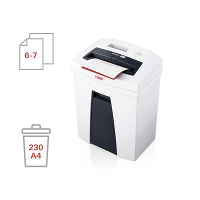Paper shredder with a sheet inserted, showing capacity of '6-7' sheets and '230 A4' sheet capacity in the waste bin symbol.