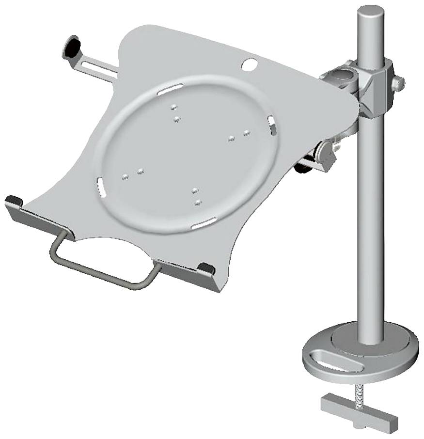 Metal notebook holder with clamp attachment for a vertical rod. Adjustable mounting for various notebook sizes.