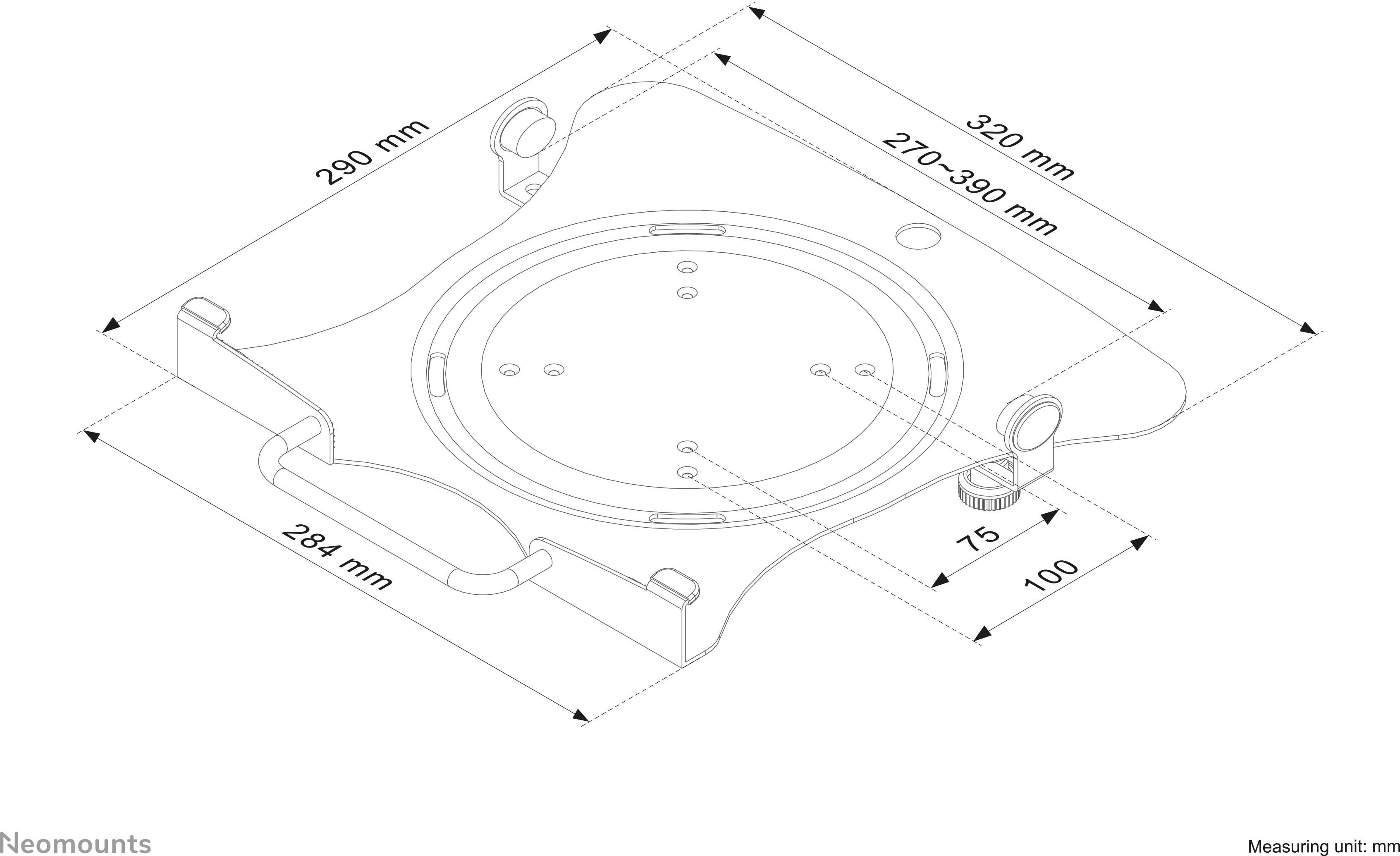 'Isometric drawing of an adjustable bracket with dimensions: 320 mm (width), 290 mm (length) and 270-390 mm (adjustment).'