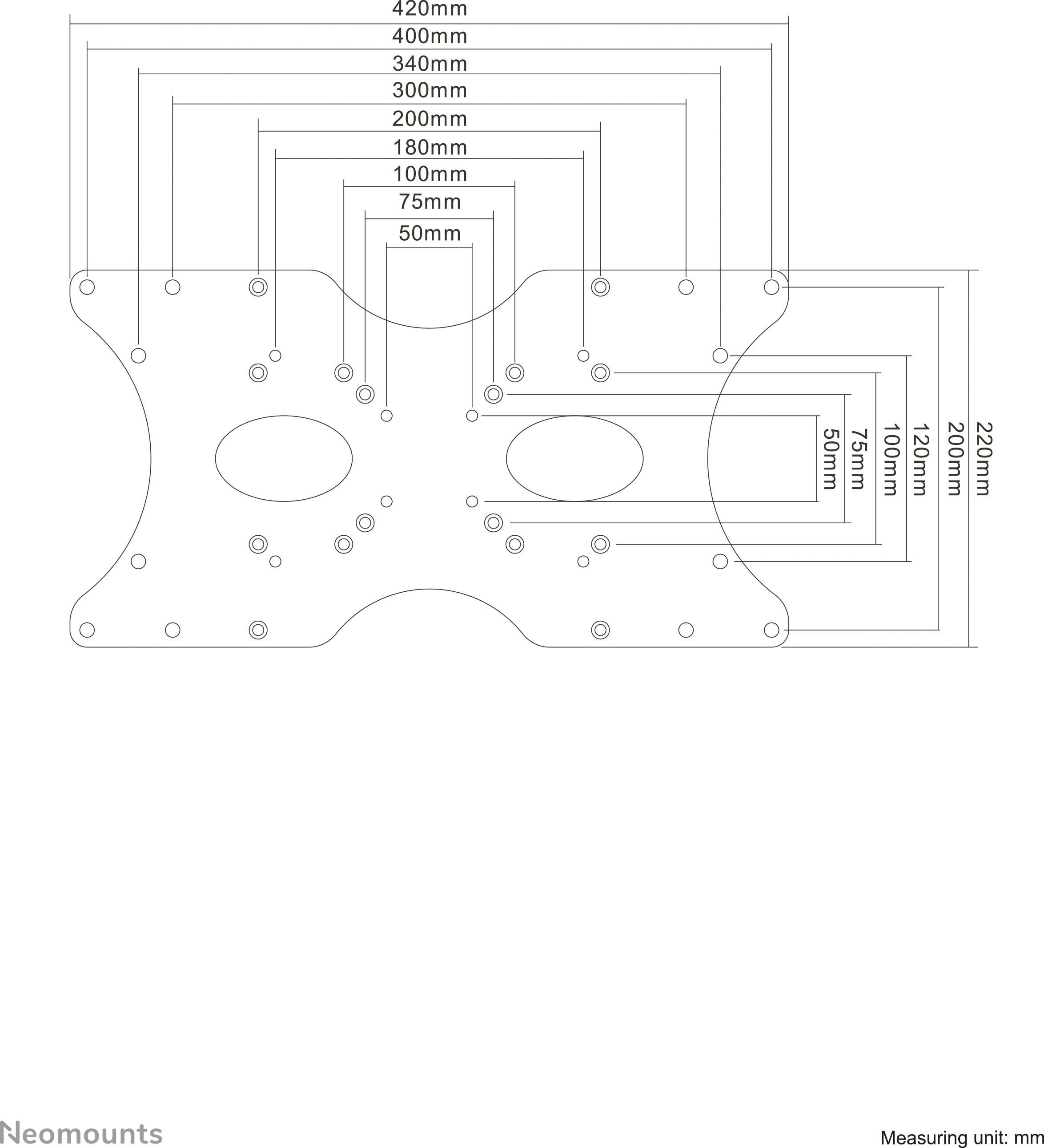 'Diagram of a VESA mount with measurement units in millimetres. Shows drilling pattern with distances: 50mm to 420mm in 50mm increments.'