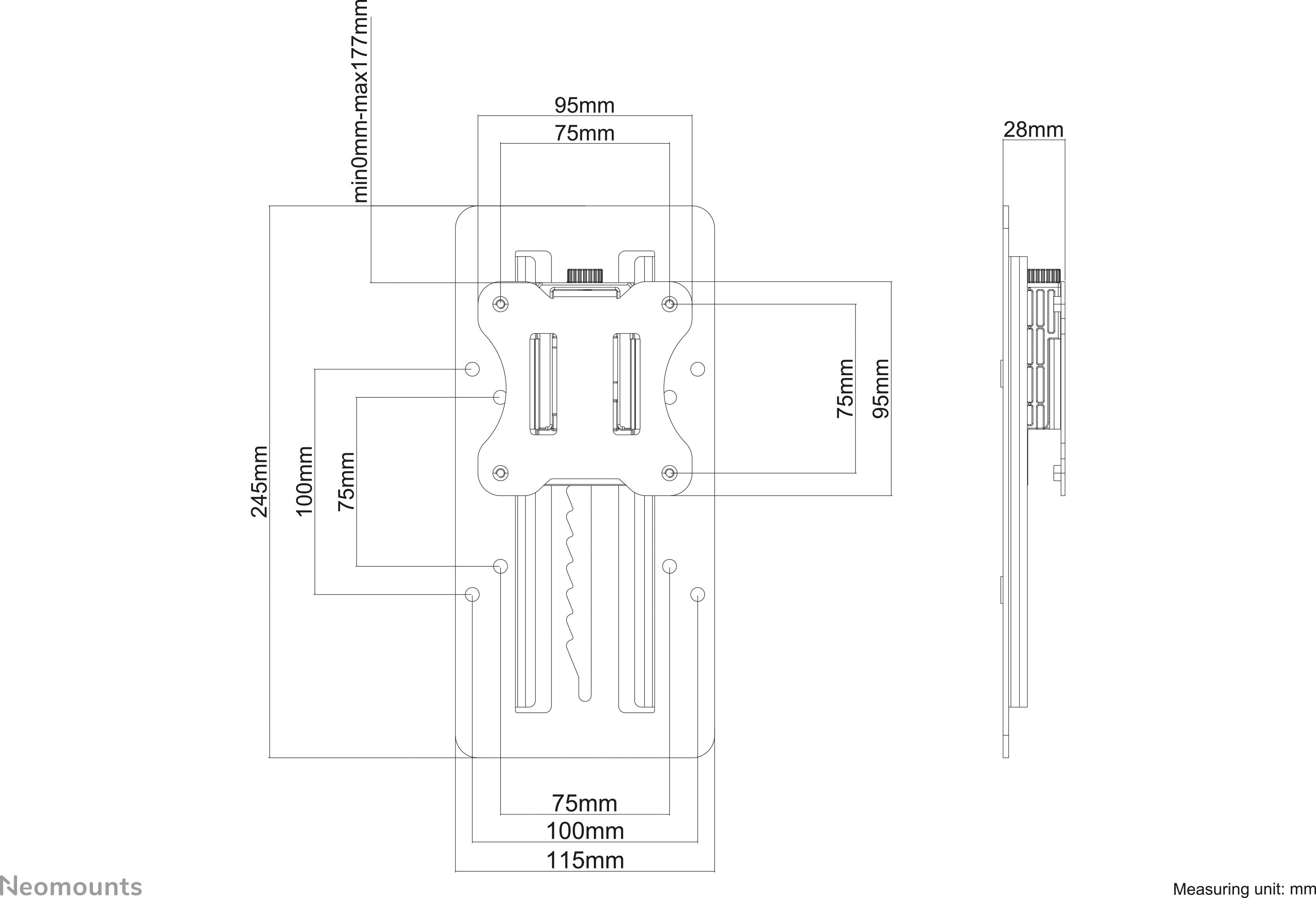 Technical Drawing of a Mounting Bracket with Dimensions in mm: Width 95, Height 245, Depth 28. Adjustable elements marked.