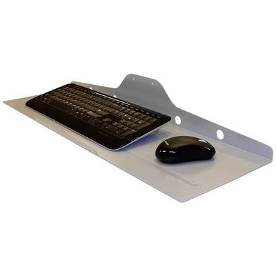 A silver-grey wall-mounted shelf, with a black keyboard and mouse placed on top. The shelf has holes for easy wall mounting.
