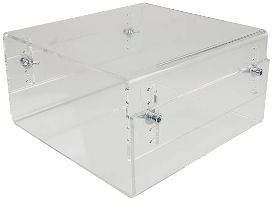 Transparent plastic box with metal screws at the corners, on a white background.