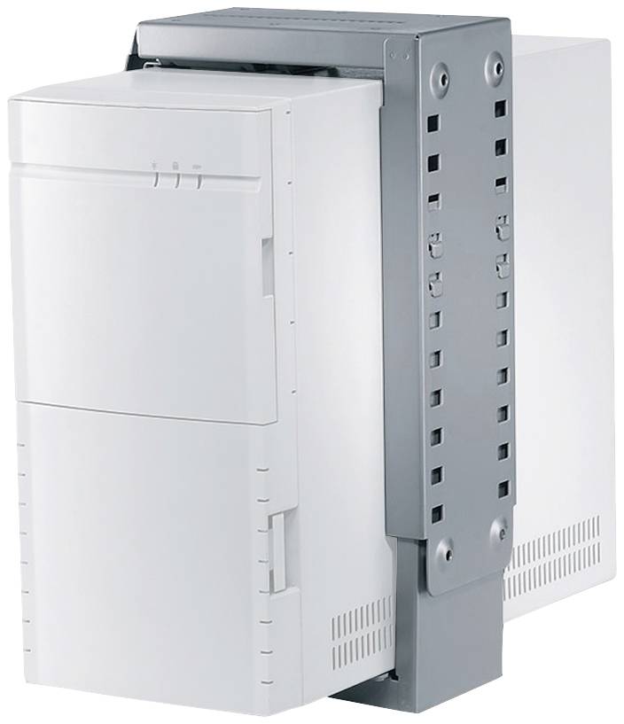 A white, rectangular electrical appliance with a grey, perforated mounting, possibly a heating system or ventilation device.