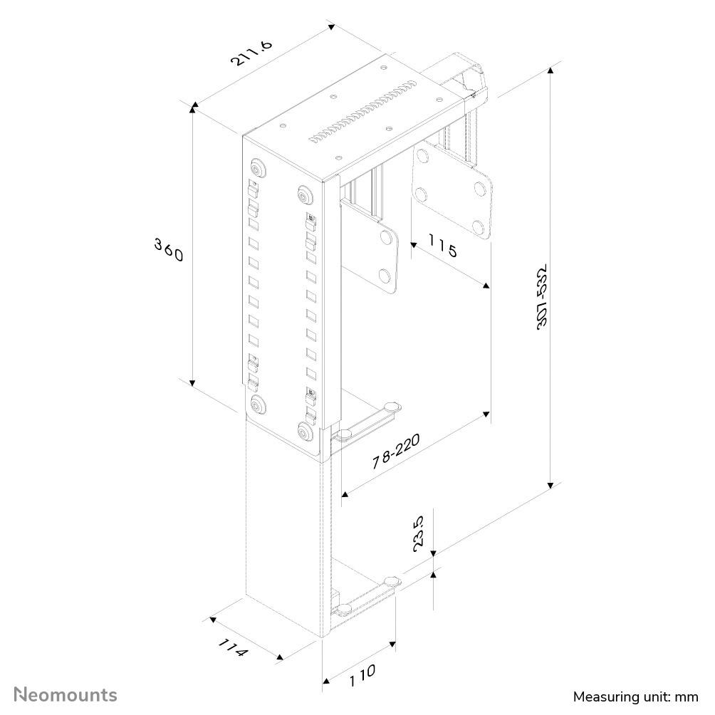Line drawing of a bracket with dimensions. The height is 360 mm, depth 110 mm, width 114 mm, adjustable width 78–220 mm.
