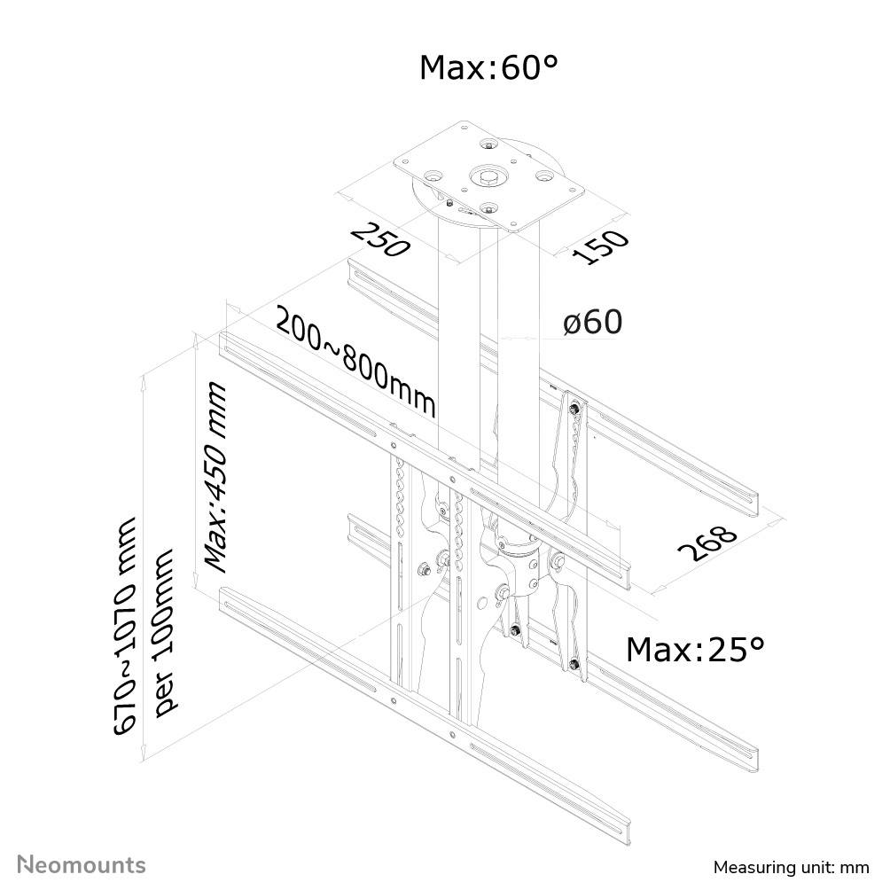 'Mounting Scheme: Adjustable ceiling mount with max. tilt of 60° and 25°, height range 610–1070 mm, unit of measurement: mm.'