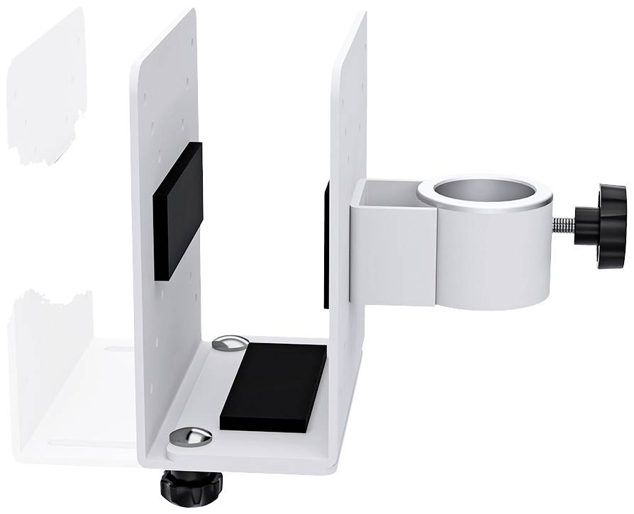 White wall mounting component with screw knob for technical devices, showing bracket and mounting hardware.