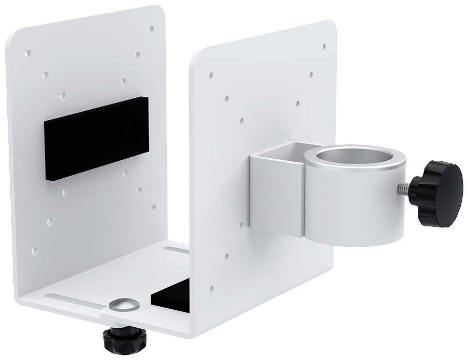 White metal mounting bracket with a black adjustment dial, designed for attachment to a wall or frame.